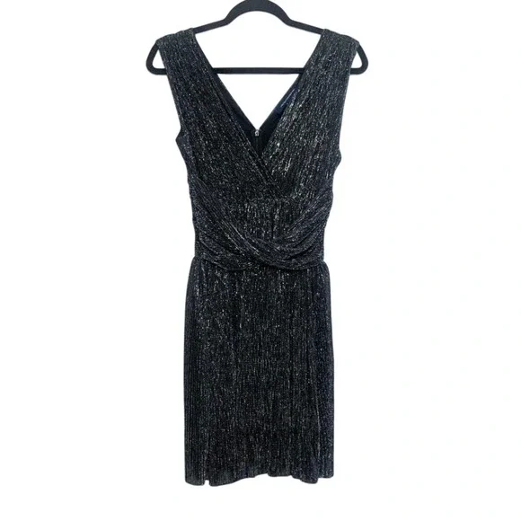 French Connection Marcelle Metallic V Neck Dress Charcoal Silver Size 6 NWT - Picture 3 of 14